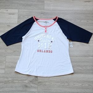 Universal Studios Womens Large Baseball T-shirt Blue White ¾ Sleeves